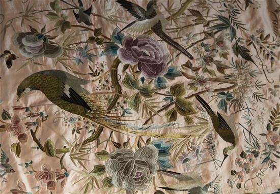 A Chinese embroidered pale pink silk panel, 150 x 160cm, unframed